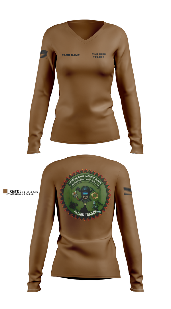 Womens Long Sleeve Vneck Shirt, CSMS ALLIED TRADES, National Guard, Teamtime, Team time, sublimation, custom sports apparel, team uniforms, spirit wear, spiritwear, sports uniforms, custom shirts, team store, custom team store, fundraiser sports, apparel fundraiser