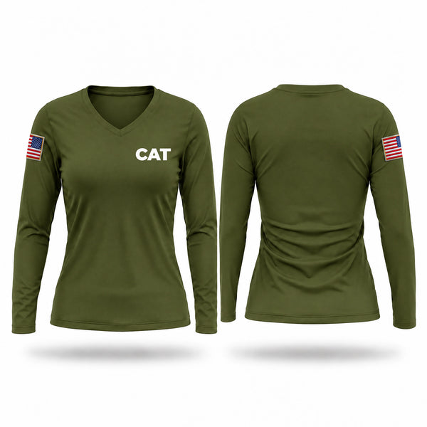 Womens Long Sleeve Vneck Shirt, CAT, Space Force, Teamtime, Team time, sublimation, custom sports apparel, team uniforms, spirit wear, spiritwear, sports uniforms, custom shirts, team store, custom team store, fundraiser sports, apparel fundraiser