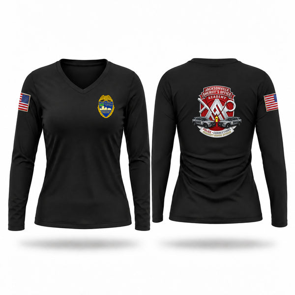 Womens Long Sleeve Vneck Shirt, Jax Academy, Police, Teamtime, Team time, sublimation, custom sports apparel, team uniforms, spirit wear, spiritwear, sports uniforms, custom shirts, team store, custom team store, fundraiser sports, apparel fundraiser