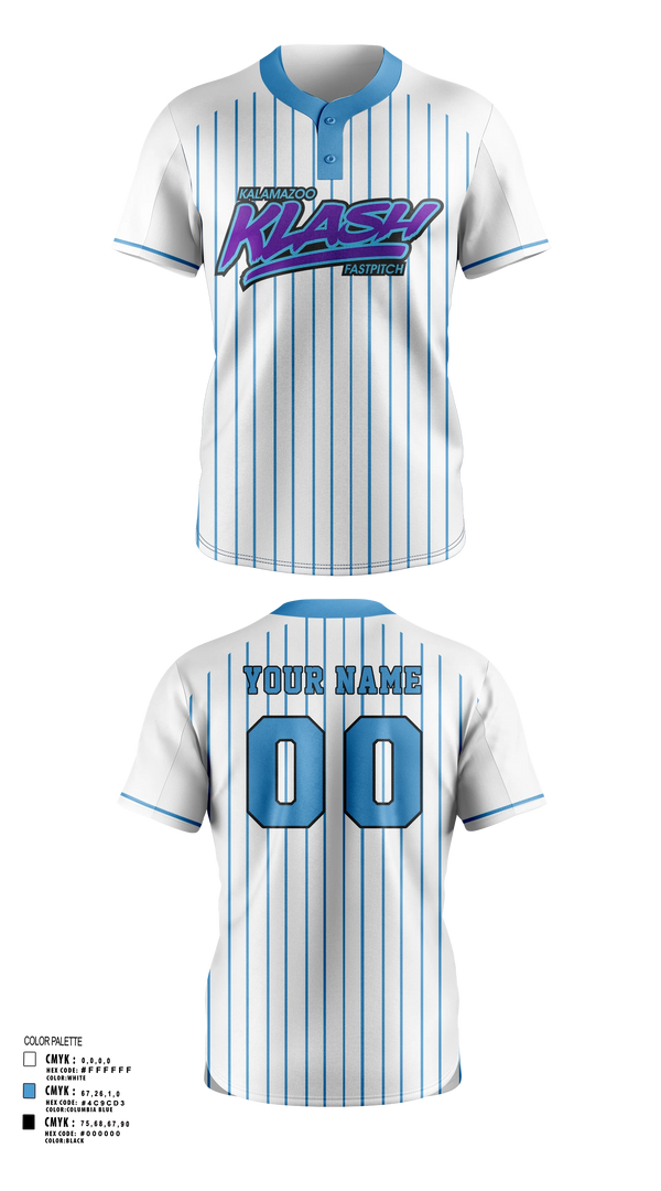 Two Button Softball Jersey, Kalamazoo Klash, Softball, Teamtime, Team time, sublimation, custom sports apparel, team uniforms, spirit wear, spiritwear, sports uniforms, custom shirts, team store, custom team store, fundraiser sports, apparel fundraiser