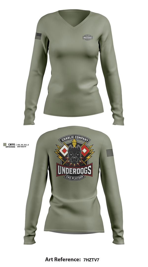 Womens Long Sleeve Vneck Shirt, C co 2nd plt Underdogs, Army, Teamtime, Team time, sublimation, custom sports apparel, team uniforms, spirit wear, spiritwear, sports uniforms, custom shirts, team store, custom team store, fundraiser sports, apparel fundraiser