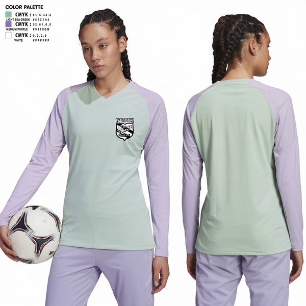 Womens Long Sleeve Vneck Shirt, San Carlos Park Scorpion SC, Women's Soccer, Teamtime, Team time, sublimation, custom sports apparel, team uniforms, spirit wear, spiritwear, sports uniforms, custom shirts, team store, custom team store, fundraiser sports, apparel fundraiser