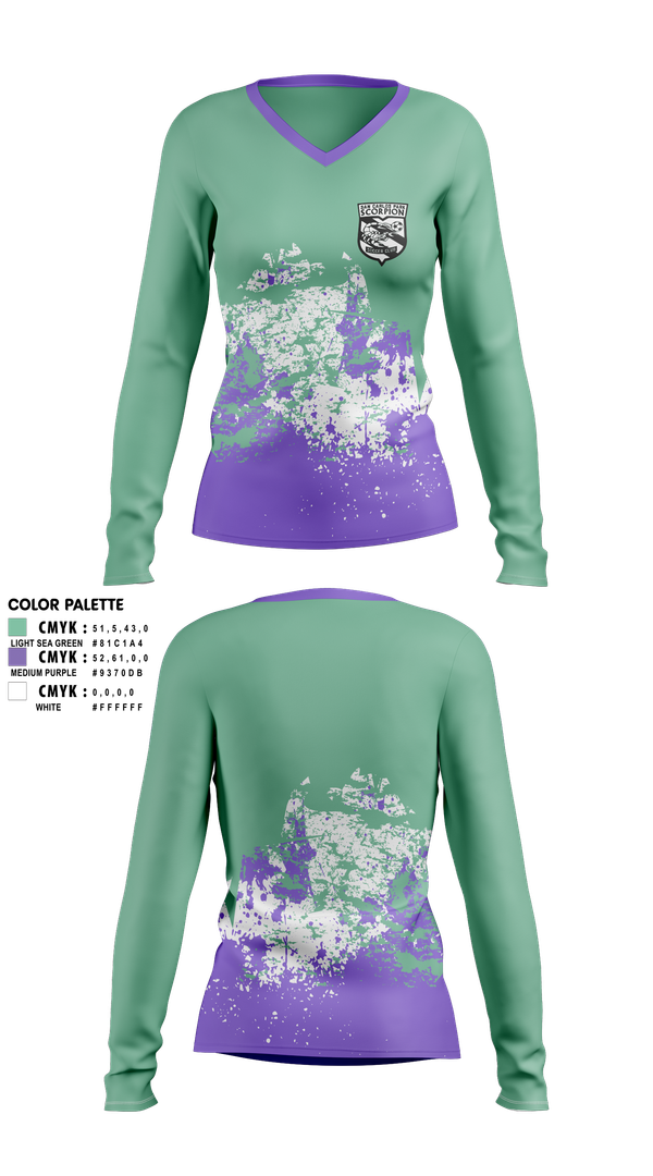 Womens Long Sleeve Vneck Shirt, San Carlos Park Scorpion SC, Women's Soccer, Teamtime, Team time, sublimation, custom sports apparel, team uniforms, spirit wear, spiritwear, sports uniforms, custom shirts, team store, custom team store, fundraiser sports, apparel fundraiser
