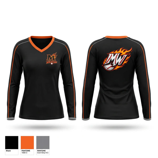 Womens Long Sleeve Vneck Shirt, Menifee Wildfire, Baseball, Teamtime, Team time, sublimation, custom sports apparel, team uniforms, spirit wear, spiritwear, sports uniforms, custom shirts, team store, custom team store, fundraiser sports, apparel fundraiser