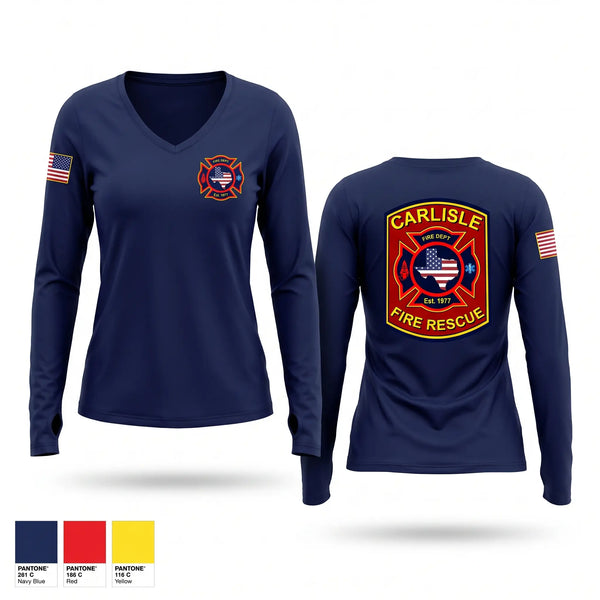 Womens Long Sleeve Vneck Shirt, Carlisle Fire & Rescue, Fire Department, Teamtime, Team time, sublimation, custom sports apparel, team uniforms, spirit wear, spiritwear, sports uniforms, custom shirts, team store, custom team store, fundraiser sports, apparel fundraiser