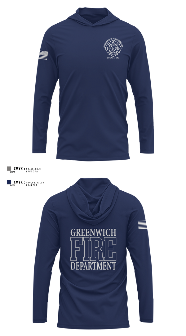 Long Sleeve Performance Shirt with hood, Greenwich Fire Local 1042, Fire Department, Teamtime, Team time, sublimation, custom sports apparel, team uniforms, spirit wear, spiritwear, sports uniforms, custom shirts, team store, custom team store, fundraiser sports, apparel fundraiser