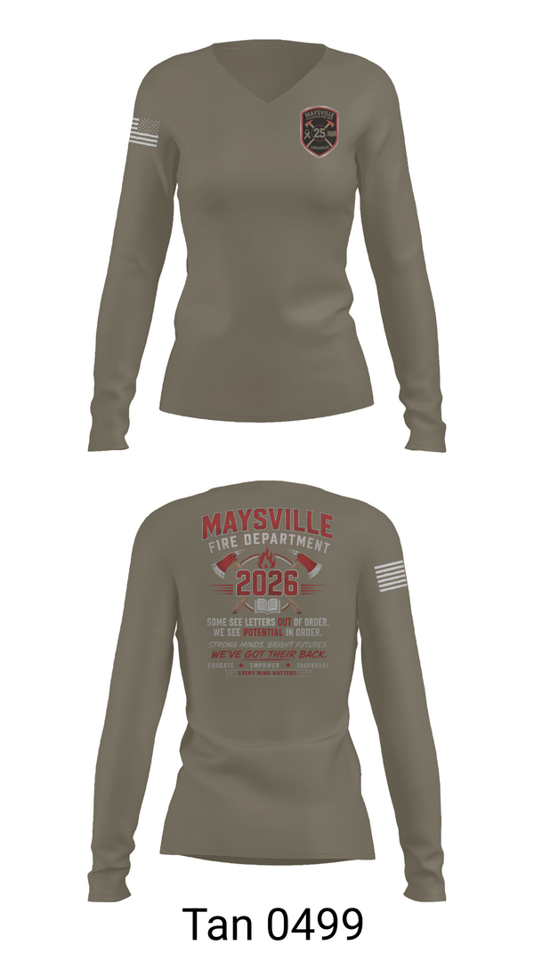 Womens Long Sleeve Vneck Shirt, Maysville Fire Department, Fire Department, Teamtime, Team time, sublimation, custom sports apparel, team uniforms, spirit wear, spiritwear, sports uniforms, custom shirts, team store, custom team store, fundraiser sports, apparel fundraiser