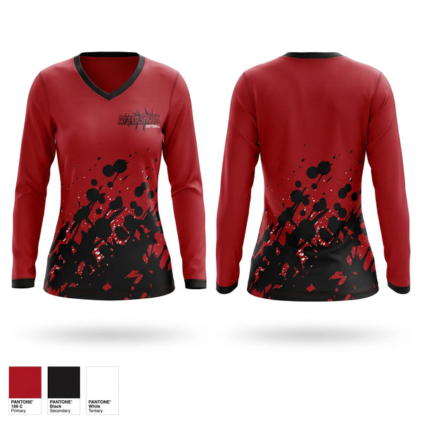 Womens Long Sleeve Vneck Shirt, Aftershock, Softball, Teamtime, Team time, sublimation, custom sports apparel, team uniforms, spirit wear, spiritwear, sports uniforms, custom shirts, team store, custom team store, fundraiser sports, apparel fundraiser