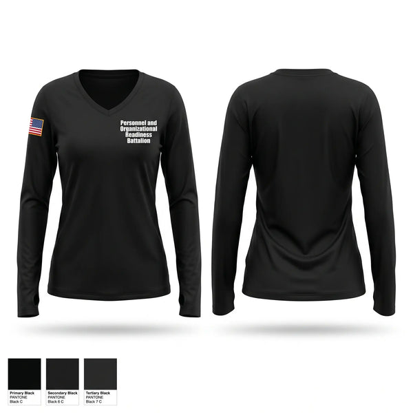 Womens Long Sleeve Vneck Shirt, Personnel and Organizational Readiness Battalion, National Guard, Teamtime, Team time, sublimation, custom sports apparel, team uniforms, spirit wear, spiritwear, sports uniforms, custom shirts, team store, custom team store, fundraiser sports, apparel fundraiser