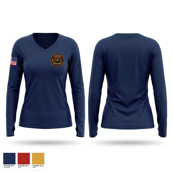 Womens Long Sleeve Vneck Shirt, Granbury Volunteer Fire Department, Fire Department, Teamtime, Team time, sublimation, custom sports apparel, team uniforms, spirit wear, spiritwear, sports uniforms, custom shirts, team store, custom team store, fundraiser sports, apparel fundraiser