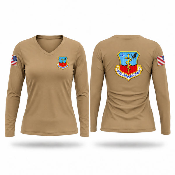 Womens Long Sleeve Vneck Shirt, 50th TAC Fighter Wing Hospital, Air Force, Teamtime, Team time, sublimation, custom sports apparel, team uniforms, spirit wear, spiritwear, sports uniforms, custom shirts, team store, custom team store, fundraiser sports, apparel fundraiser