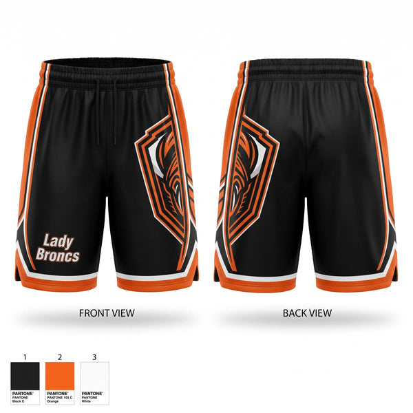 Mens Basketball Shorts, Lady Broncs, Women's Basketball, Teamtime, Team time, sublimation, custom sports apparel, team uniforms, spirit wear, spiritwear, sports uniforms, custom shirts, team store, custom team store, fundraiser sports, apparel fundraiser
