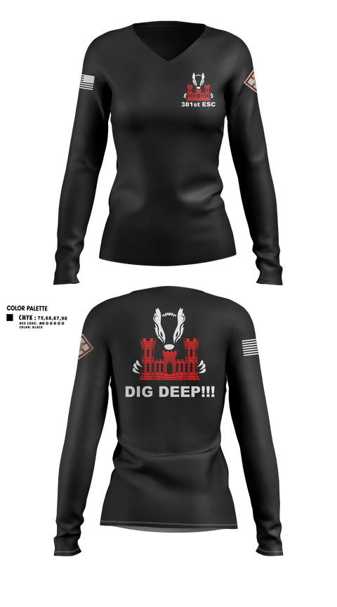 Womens Long Sleeve Vneck Shirt, 381 EN CO, Army, Teamtime, Team time, sublimation, custom sports apparel, team uniforms, spirit wear, spiritwear, sports uniforms, custom shirts, team store, custom team store, fundraiser sports, apparel fundraiser