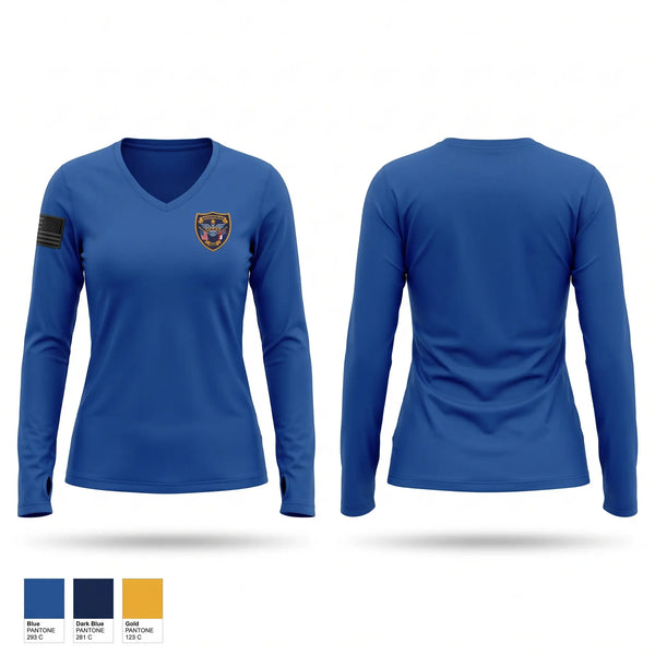 Womens Long Sleeve Vneck Shirt, Moorhead Police Department, Police, Teamtime, Team time, sublimation, custom sports apparel, team uniforms, spirit wear, spiritwear, sports uniforms, custom shirts, team store, custom team store, fundraiser sports, apparel fundraiser