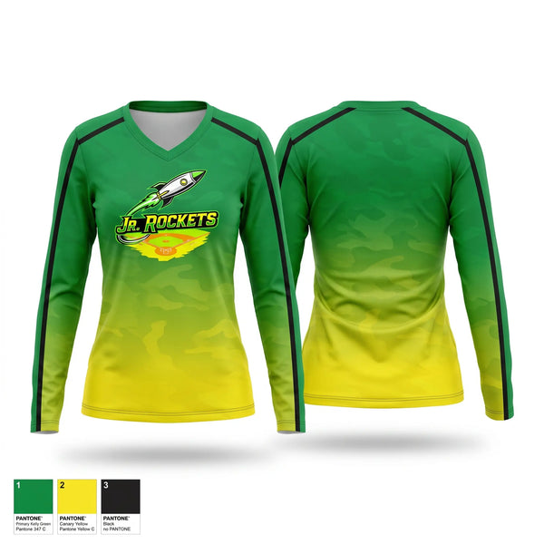 Womens Long Sleeve Vneck Shirt, Jr.Rockets Baseball Club, Baseball, Teamtime, Team time, sublimation, custom sports apparel, team uniforms, spirit wear, spiritwear, sports uniforms, custom shirts, team store, custom team store, fundraiser sports, apparel fundraiser