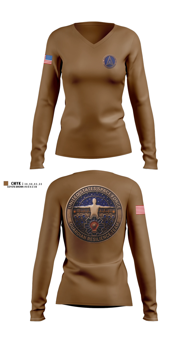 Womens Long Sleeve Vneck Shirt, Guardian Resilience Team, Space Force, Teamtime, Team time, sublimation, custom sports apparel, team uniforms, spirit wear, spiritwear, sports uniforms, custom shirts, team store, custom team store, fundraiser sports, apparel fundraiser