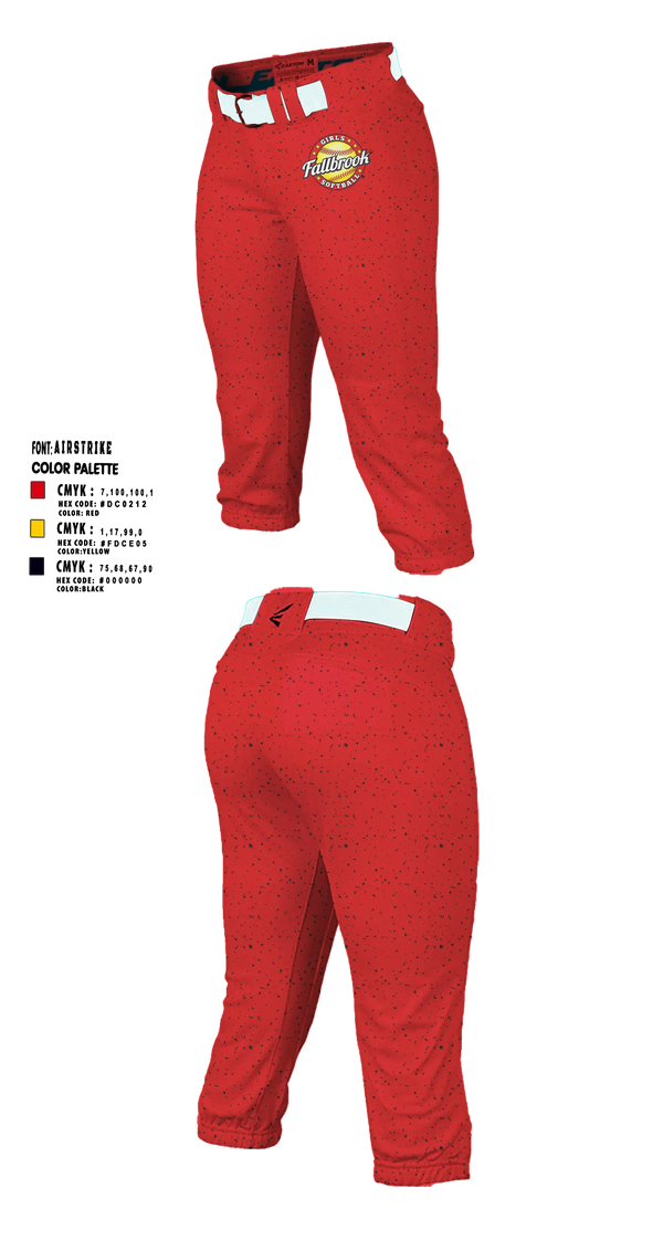 Softball Pants, Fallbrook girls softball, Softball, Teamtime, Team time, sublimation, custom sports apparel, team uniforms, spirit wear, spiritwear, sports uniforms, custom shirts, team store, custom team store, fundraiser sports, apparel fundraiser