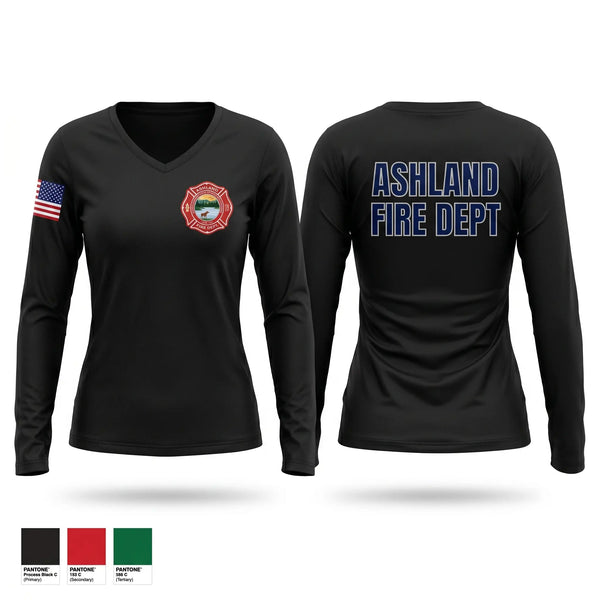 Womens Long Sleeve Vneck Shirt, Ashland Fire Department, Fire Department, Teamtime, Team time, sublimation, custom sports apparel, team uniforms, spirit wear, spiritwear, sports uniforms, custom shirts, team store, custom team store, fundraiser sports, apparel fundraiser