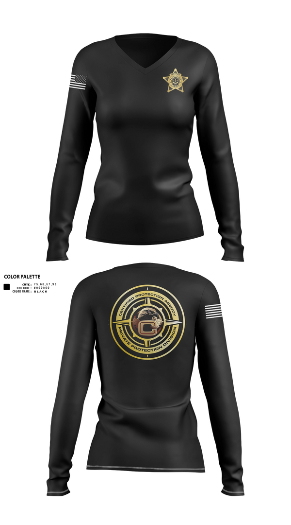 Womens Long Sleeve Vneck Shirt, Certified Protection Agency, Navy, Teamtime, Team time, sublimation, custom sports apparel, team uniforms, spirit wear, spiritwear, sports uniforms, custom shirts, team store, custom team store, fundraiser sports, apparel fundraiser