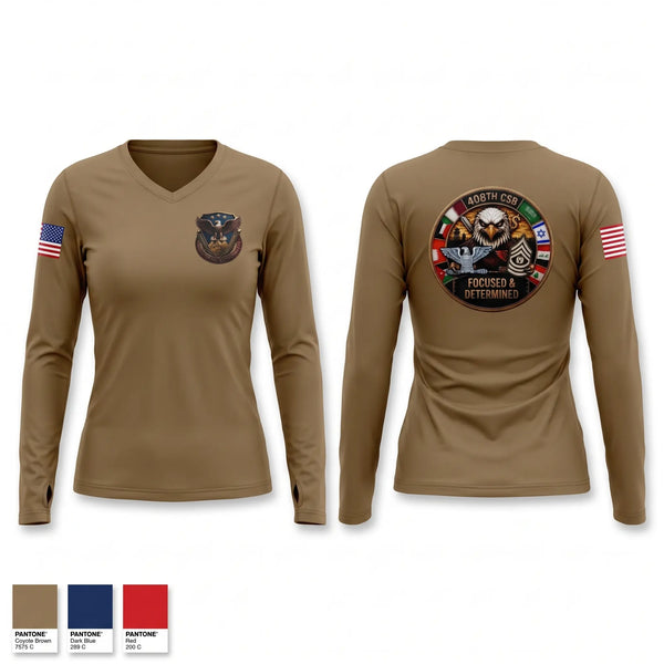Womens Long Sleeve Vneck Shirt, 408th Contracting Support Brigade, Army, Teamtime, Team time, sublimation, custom sports apparel, team uniforms, spirit wear, spiritwear, sports uniforms, custom shirts, team store, custom team store, fundraiser sports, apparel fundraiser