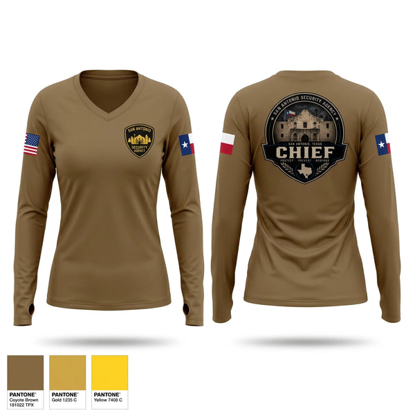 Womens Long Sleeve Vneck Shirt, San Antonio security agency, Police, Teamtime, Team time, sublimation, custom sports apparel, team uniforms, spirit wear, spiritwear, sports uniforms, custom shirts, team store, custom team store, fundraiser sports, apparel fundraiser