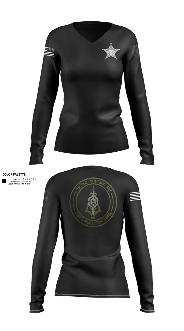 Womens Long Sleeve Vneck Shirt, OCSO TAC UNIT, Police, Teamtime, Team time, sublimation, custom sports apparel, team uniforms, spirit wear, spiritwear, sports uniforms, custom shirts, team store, custom team store, fundraiser sports, apparel fundraiser