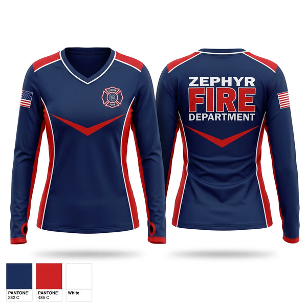 Womens Long Sleeve Vneck Shirt, Zephyr Volunteer Fire Department, Fire Department, Teamtime, Team time, sublimation, custom sports apparel, team uniforms, spirit wear, spiritwear, sports uniforms, custom shirts, team store, custom team store, fundraiser sports, apparel fundraiser