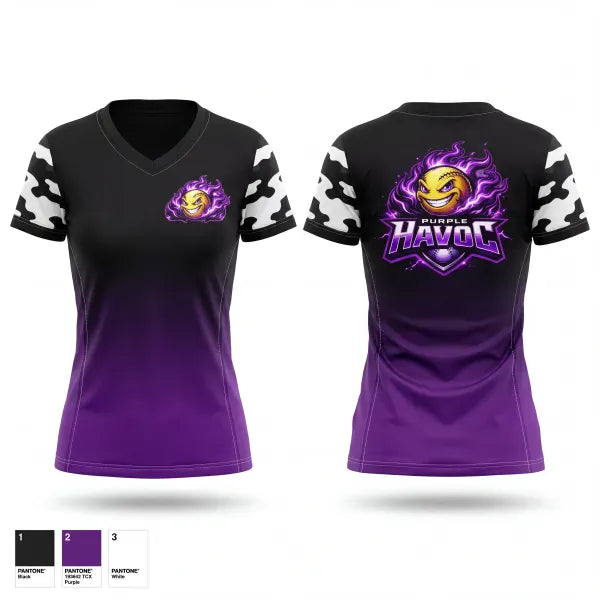 Womens Short Sleeve Vneck Shirt, Purple Havoc, Softball, Teamtime, Team time, sublimation, custom sports apparel, team uniforms, spirit wear, spiritwear, sports uniforms, custom shirts, team store, custom team store, fundraiser sports, apparel fundraiser