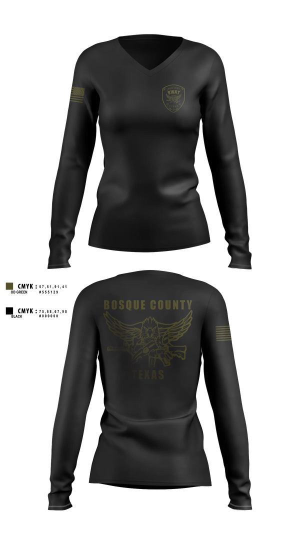 Womens Long Sleeve Vneck Shirt, BOSQUE REGIONAL SWAT TEAM, Police, Teamtime, Team time, sublimation, custom sports apparel, team uniforms, spirit wear, spiritwear, sports uniforms, custom shirts, team store, custom team store, fundraiser sports, apparel fundraiser