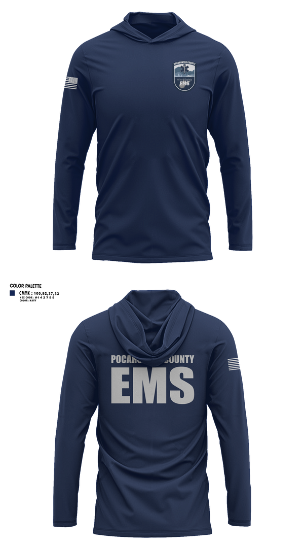 Long Sleeve Performance Shirt with hood, Pocahontas County EMS, EMS/EMT, Teamtime, Team time, sublimation, custom sports apparel, team uniforms, spirit wear, spiritwear, sports uniforms, custom shirts, team store, custom team store, fundraiser sports, apparel fundraiser