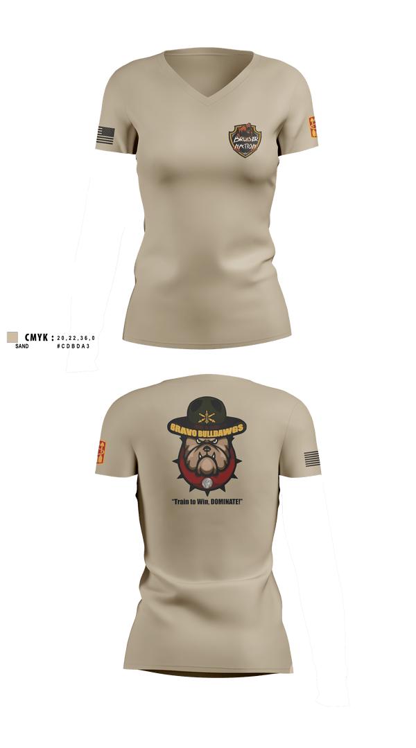Women's Short Sleeve Vneck Shirt, Bravo BulldawgsBravo BulldawgsB_3-6 ADARBulldawgs 3-6ADAR, Army, Teamtime, Team time, sublimation, custom sports apparel, team uniforms, spirit wear, spiritwear, sports uniforms, custom shirts, team store, custom team store, fundraiser sports, apparel fundraiser