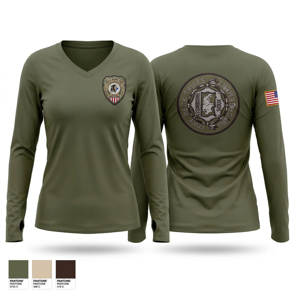 Womens Long Sleeve Vneck Shirt, Fort Peck Tribal Fish & Game, Space Force, Teamtime, Team time, sublimation, custom sports apparel, team uniforms, spirit wear, spiritwear, sports uniforms, custom shirts, team store, custom team store, fundraiser sports, apparel fundraiser
