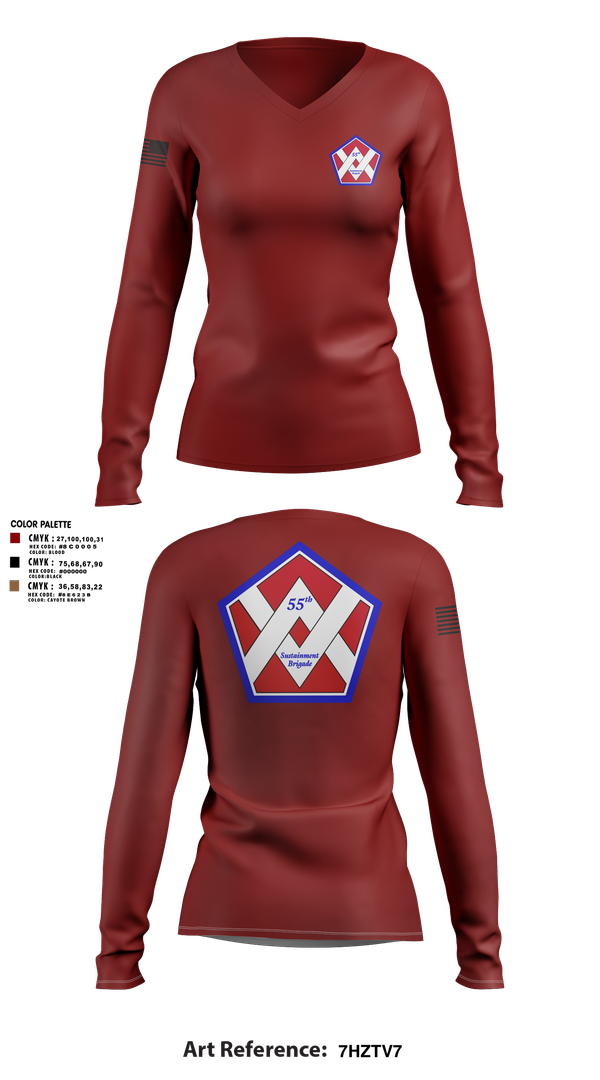 Womens Long Sleeve Vneck Shirt, 55th Sustainment Brigade, , Teamtime, Team time, sublimation, custom sports apparel, team uniforms, spirit wear, spiritwear, sports uniforms, custom shirts, team store, custom team store, fundraiser sports, apparel fundraiser