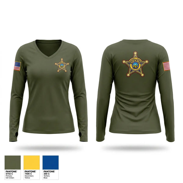 Womens Long Sleeve Vneck Shirt, LOGAN COUNTY SHERIFFS OFFICE, Police, Teamtime, Team time, sublimation, custom sports apparel, team uniforms, spirit wear, spiritwear, sports uniforms, custom shirts, team store, custom team store, fundraiser sports, apparel fundraiser