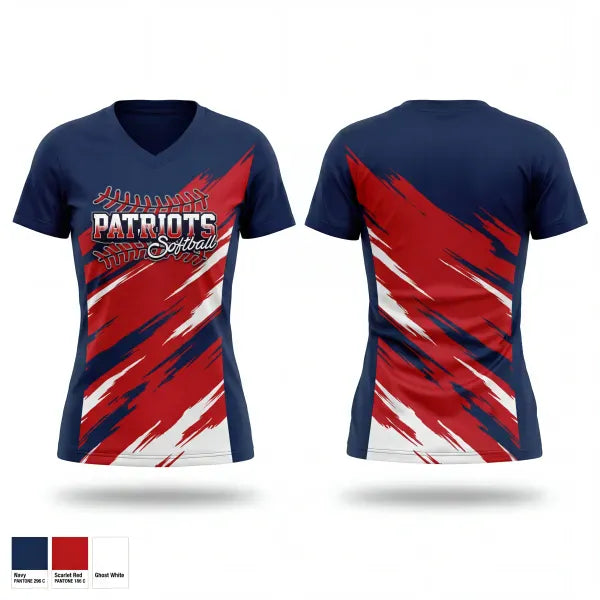 Womens Short Sleeve Vneck Shirt, PATRIOTS, Softball, Teamtime, Team time, sublimation, custom sports apparel, team uniforms, spirit wear, spiritwear, sports uniforms, custom shirts, team store, custom team store, fundraiser sports, apparel fundraiser