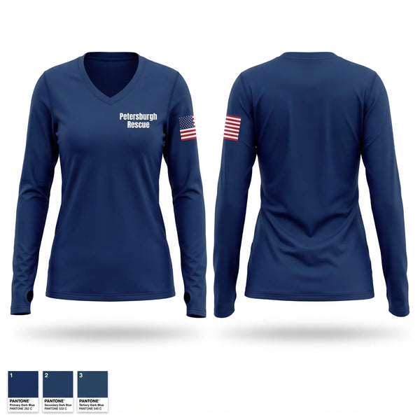 Womens Long Sleeve Vneck Shirt, Petersburgh Rescue, EMS/EMT, Teamtime, Team time, sublimation, custom sports apparel, team uniforms, spirit wear, spiritwear, sports uniforms, custom shirts, team store, custom team store, fundraiser sports, apparel fundraiser
