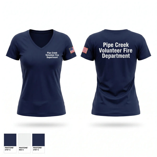 Womens Short Sleeve Vneck Shirt, Pipe Creek Volunteer Fire Department, Fire Department, Teamtime, Team time, sublimation, custom sports apparel, team uniforms, spirit wear, spiritwear, sports uniforms, custom shirts, team store, custom team store, fundraiser sports, apparel fundraiser