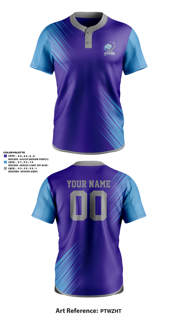 Two Button Softball Jersey, Texas Storm, Softball, Teamtime, Team time, sublimation, custom sports apparel, team uniforms, spirit wear, spiritwear, sports uniforms, custom shirts, team store, custom team store, fundraiser sports, apparel fundraiser