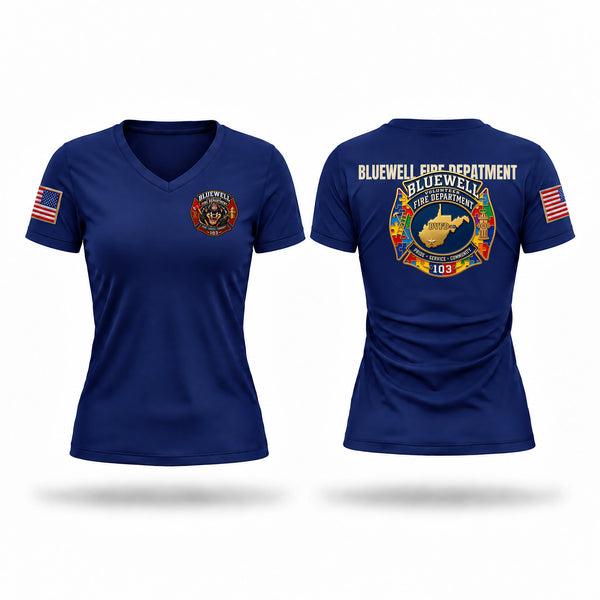 Womens Short Sleeve Vneck Shirt, Bluewell Volunteer Fire Department, Fire Department, Teamtime, Team time, sublimation, custom sports apparel, team uniforms, spirit wear, spiritwear, sports uniforms, custom shirts, team store, custom team store, fundraiser sports, apparel fundraiser