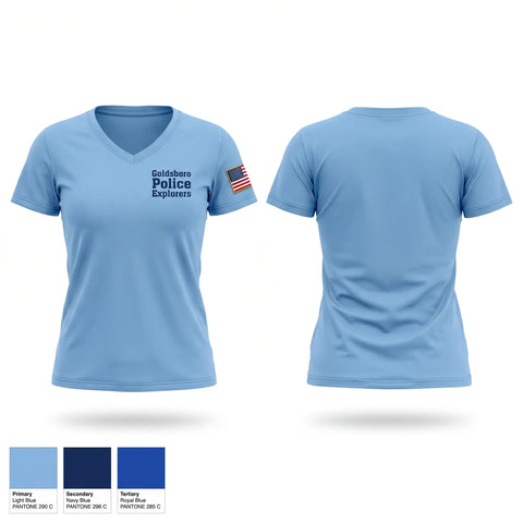 Womens Short Sleeve Vneck Shirt, Goldsboro Police Explorers, Police, Teamtime, Team time, sublimation, custom sports apparel, team uniforms, spirit wear, spiritwear, sports uniforms, custom shirts, team store, custom team store, fundraiser sports, apparel fundraiser