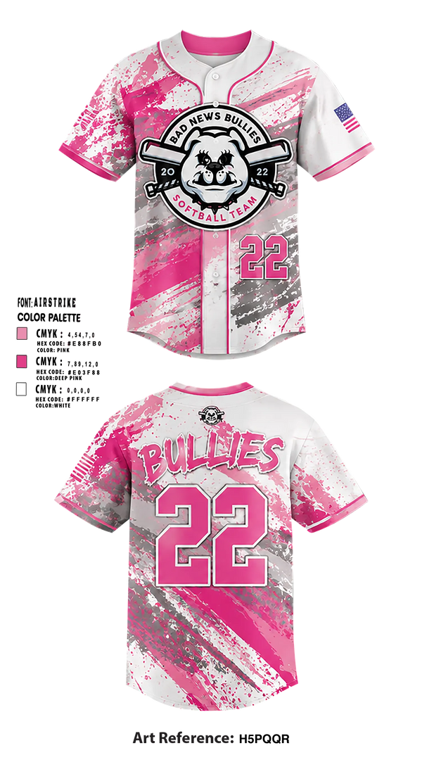 Full Button Baseball Jersey, Bad News Bullies, Softball, Teamtime, Team time, sublimation, custom sports apparel, team uniforms, spirit wear, spiritwear, sports uniforms, custom shirts, team store, custom team store, fundraiser sports, apparel fundraiser