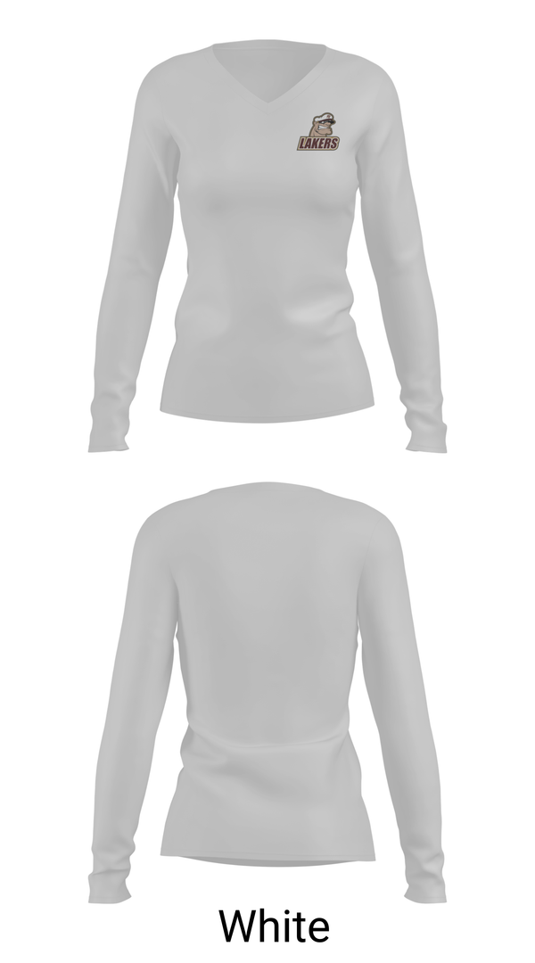 Womens Long Sleeve Vneck Shirt, Pymatuning Valley Lakers, Spirit Store, Teamtime, Team time, sublimation, custom sports apparel, team uniforms, spirit wear, spiritwear, sports uniforms, custom shirts, team store, custom team store, fundraiser sports, apparel fundraiser