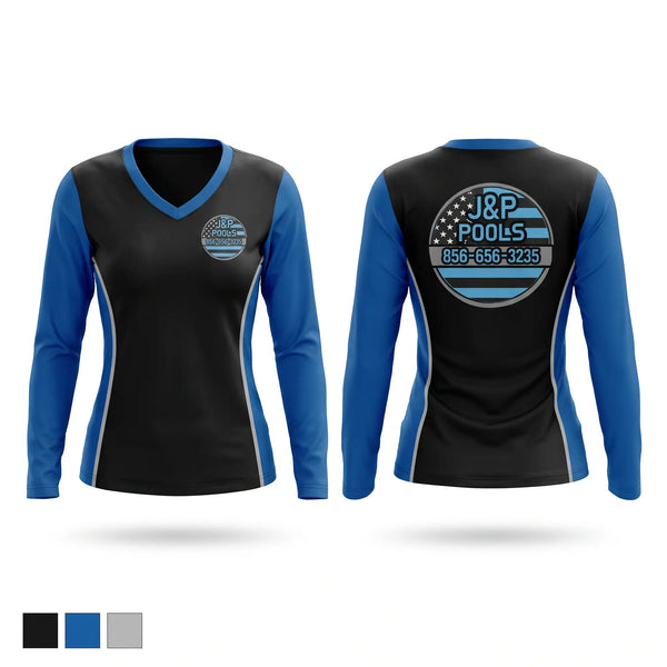 Womens Long Sleeve Vneck Shirt, J&P Pools, , Teamtime, Team time, sublimation, custom sports apparel, team uniforms, spirit wear, spiritwear, sports uniforms, custom shirts, team store, custom team store, fundraiser sports, apparel fundraiser