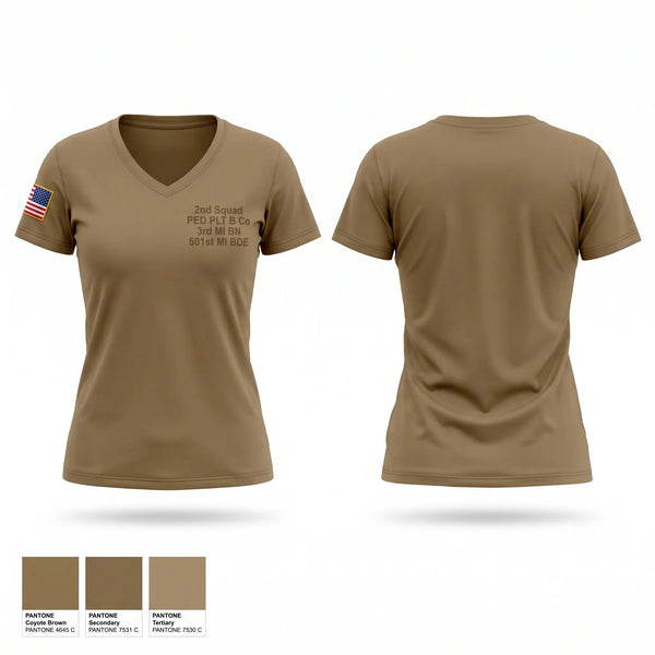 Womens Short Sleeve Vneck Shirt, 2nd Squad, PED PLT, B Co, 3rd MI BN, 501st MI BDE, Army, Teamtime, Team time, sublimation, custom sports apparel, team uniforms, spirit wear, spiritwear, sports uniforms, custom shirts, team store, custom team store, fundraiser sports, apparel fundraiser