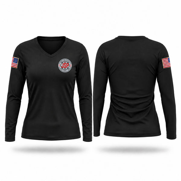 Womens Long Sleeve Vneck Shirt, JSP FIRE, EMS/EMT, Teamtime, Team time, sublimation, custom sports apparel, team uniforms, spirit wear, spiritwear, sports uniforms, custom shirts, team store, custom team store, fundraiser sports, apparel fundraiser