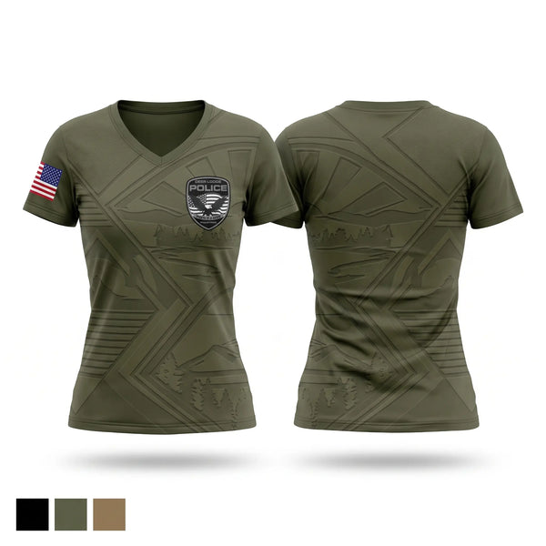 Womens Short Sleeve Vneck Shirt, Deer Lodge Police Department, Police, Teamtime, Team time, sublimation, custom sports apparel, team uniforms, spirit wear, spiritwear, sports uniforms, custom shirts, team store, custom team store, fundraiser sports, apparel fundraiser