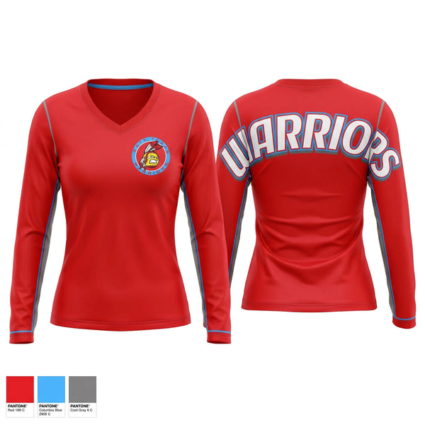 Womens Long Sleeve Vneck Shirt, Warriors, Softball, Teamtime, Team time, sublimation, custom sports apparel, team uniforms, spirit wear, spiritwear, sports uniforms, custom shirts, team store, custom team store, fundraiser sports, apparel fundraiser