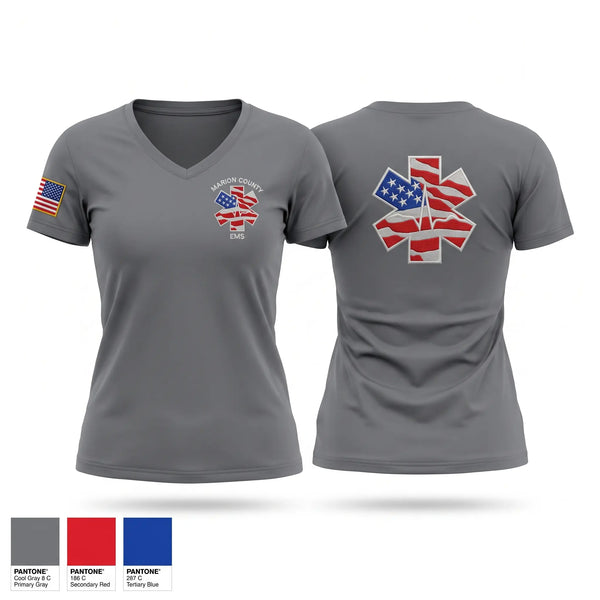 Womens Short Sleeve Vneck Shirt, Marion County EMS, EMS/EMT, Teamtime, Team time, sublimation, custom sports apparel, team uniforms, spirit wear, spiritwear, sports uniforms, custom shirts, team store, custom team store, fundraiser sports, apparel fundraiser