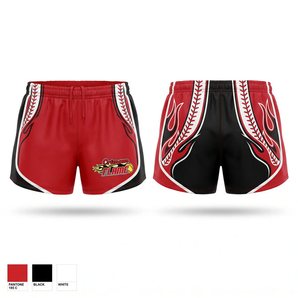 Womens Shorts, Crimson Flames, Softball, Teamtime, Team time, sublimation, custom sports apparel, team uniforms, spirit wear, spiritwear, sports uniforms, custom shirts, team store, custom team store, fundraiser sports, apparel fundraiser
