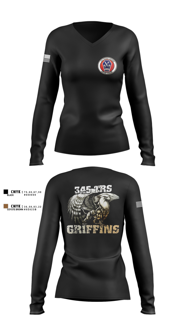 Womens Long Sleeve Vneck Shirt, 345th TRS, , Teamtime, Team time, sublimation, custom sports apparel, team uniforms, spirit wear, spiritwear, sports uniforms, custom shirts, team store, custom team store, fundraiser sports, apparel fundraiser